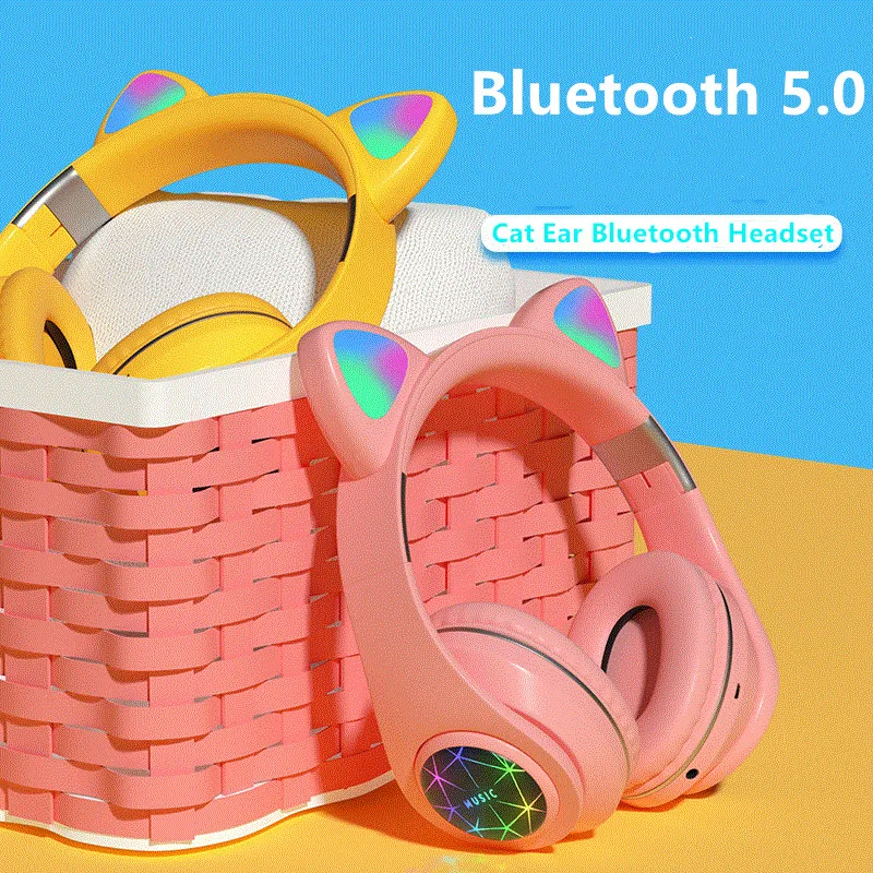 Cute Cat Bluetooth Wireless Headphone With Microphone Flashing light Noise Cancel Earphone Music Helmet Girl Kid Gift