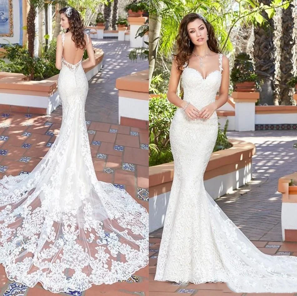 

Country Mermaid Wedding Dresses 2020 Backless Spaghetti Neck Full Lace Applique Bridal Gowns Court Train Cheap Wedding Dress