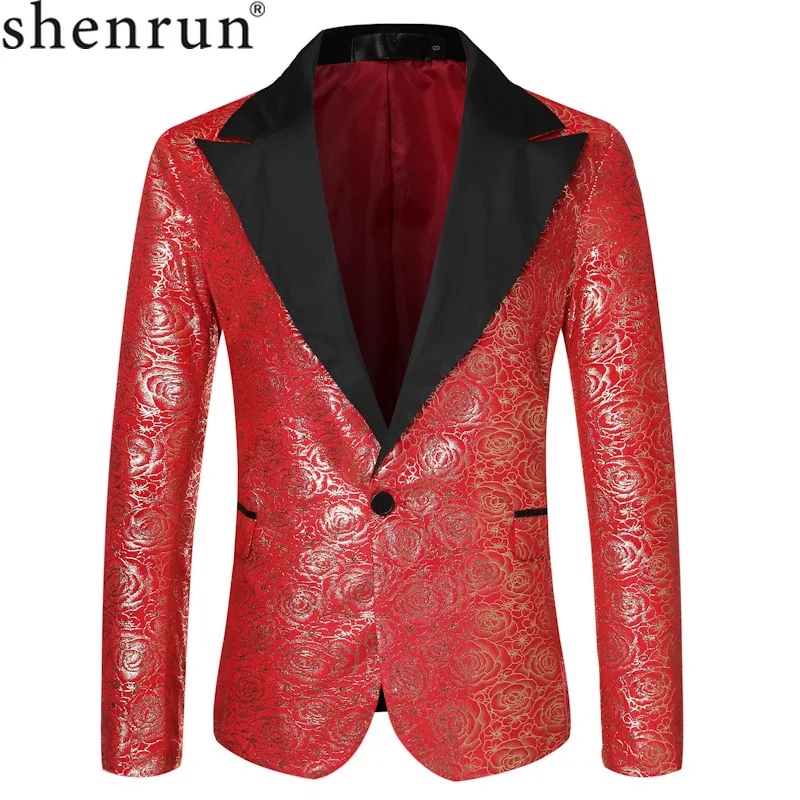 

Shenrun Men Blazers Gold Stamp Red Black Blue Tuxedo Jackets Wedding Groom Suit Jacket Singer Host Stage Costume Big Peak Lapel