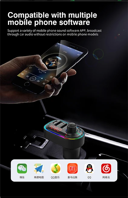 Bluetooth 5.0 FM Transmitter Car Kit MP3 Modulator Player Wireless Handsfree Audio Receiver Dual USB Fast Charger Ambient Light