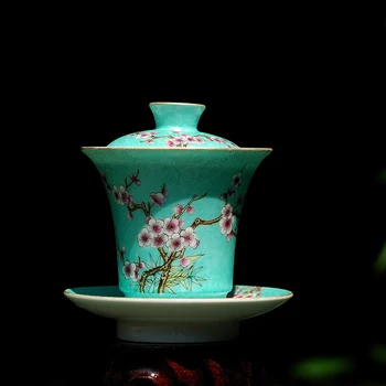 

Hand-painted Pastel Rolling Road Sancai Cover Bowl Homemade Jade Ground Plum Blossom Pattern Ceramic Tureen Fine Tea Set