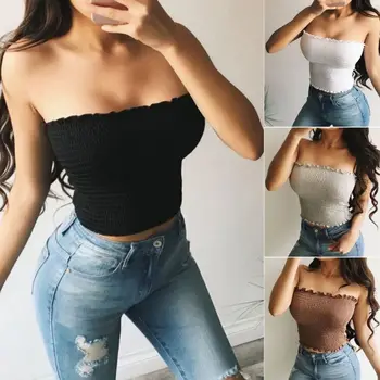 

Women Summer Sexy Strapless Off Shoulder Tube Top Ruched Solid Backless Bandeau Ruffles Trim Stretchy Slim Fit Chest Wrap Bra