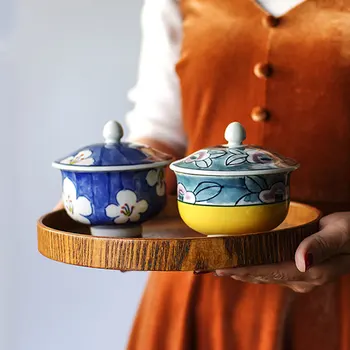 

Flower hand painted high foot bowl with Japanese cuisine ceramic tea set cup steamed egg cup with lid tureen