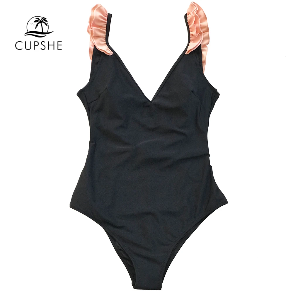 CUPSHE Womens Black with Pink Ruffle V-Neck One-Piece Swimsuit