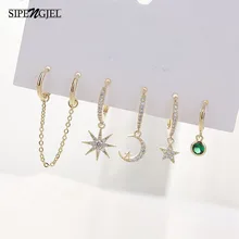 Nieuwe Set Leuke Ster En Maan Kleine Hoepel Oorbellen Sets Crystal Lange Gouden Ketting Oorbellen Voor Vrouwen Mode-sieraden Cadeau 2020 Aretes(China)