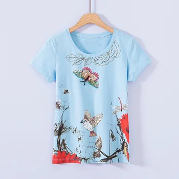 

Spring and summer new hand-beaded printed butterfly half-sleeved gray T-shirt ladies wild Slim short-sleeved shirt