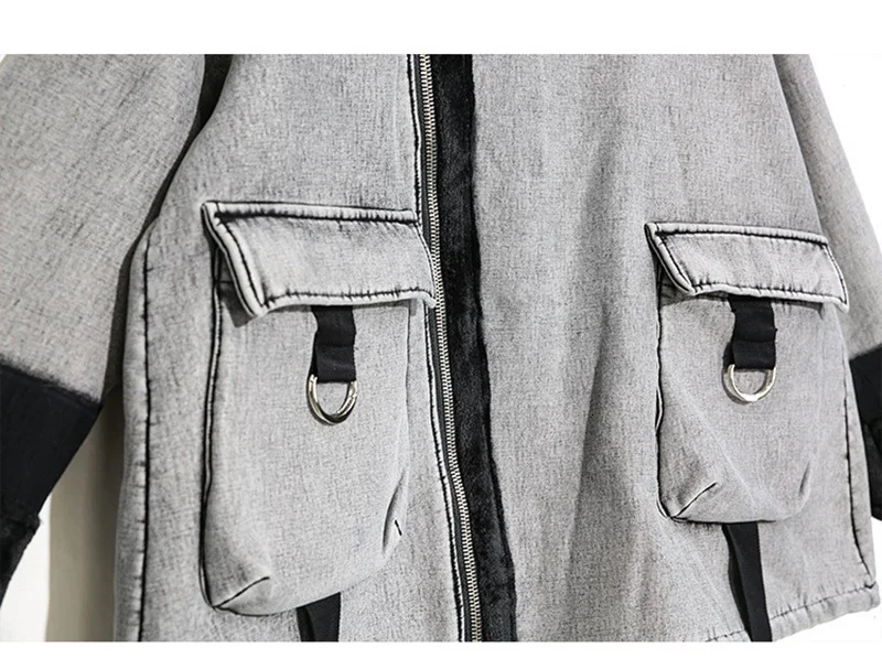 [EAM] Свободная черная джинсовая куртка с разрезным карманом большого размера, новая женская куртка с отворотом и длинным рукавом, модная Осенняя Зимняя коллекция, 1K157
