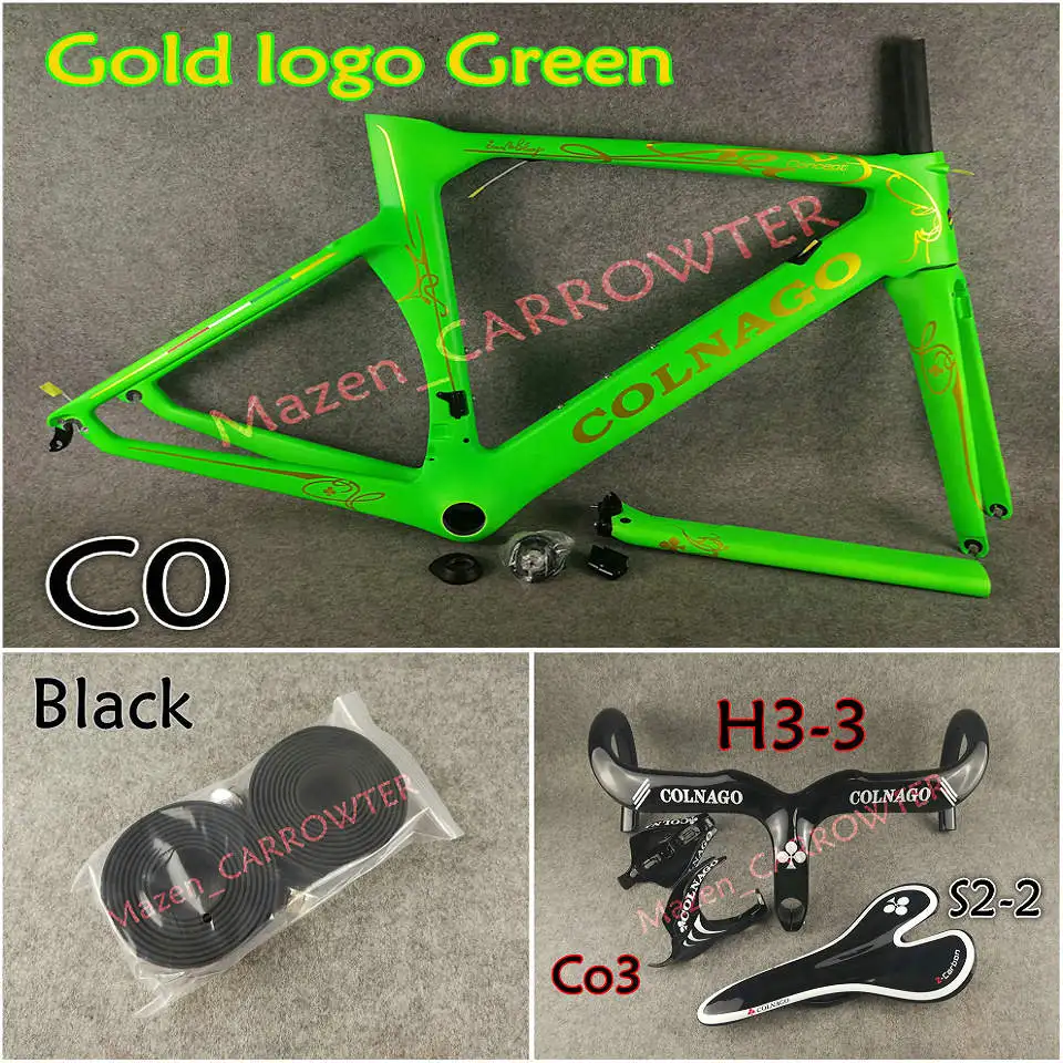 Package 2 Золотой Логотип Зеленый Colnago концепция карбоновые шоссейные рамы+ руль+ седло+ клетки для бутылок с водой 50 мм карбоновые колеса с концентраторами Novatec A271 - Цвет: Package 2