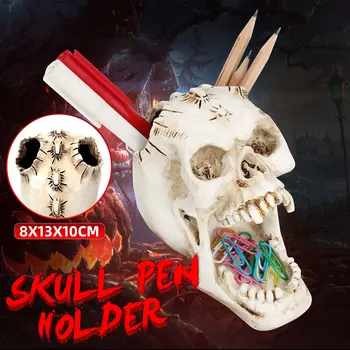 

Skull Head Ornament Pen Pencil Holder Storage Box Resin Statues Home Desk Decor Birthday Gift Halloween Party Decoration
