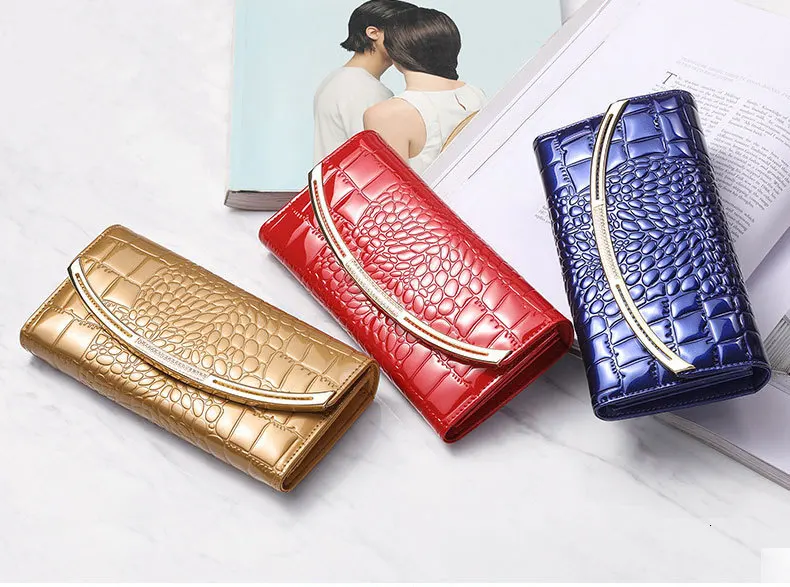 LUCDO Brand Designer Genuine Leather Women Long Wallet 3 Fold Large Capacity Patent Leather Wallet Luxury Coin Purse Card Holder