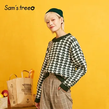 

Samstree Green Houndstooth Plaid Sweater Women Clothes 2019 Autumn Korean Fashion Leisure Basic Ladies Tops