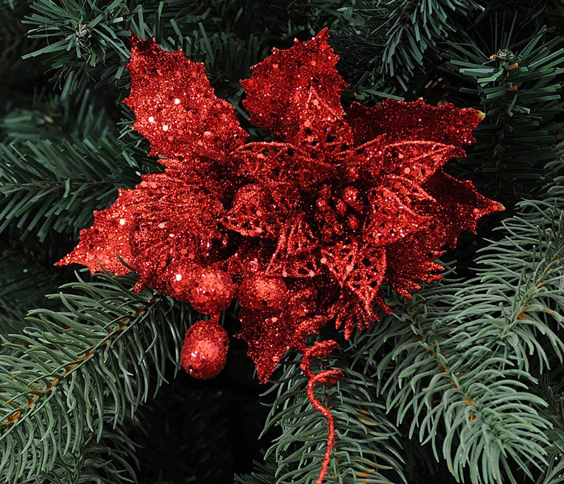 10 шт./лот,, рождественские, 21 см, искусственные цветы, блестящие, Poinsettia, украшения для дома, фестивали, украшения для рождественской елки, вечерние принадлежности