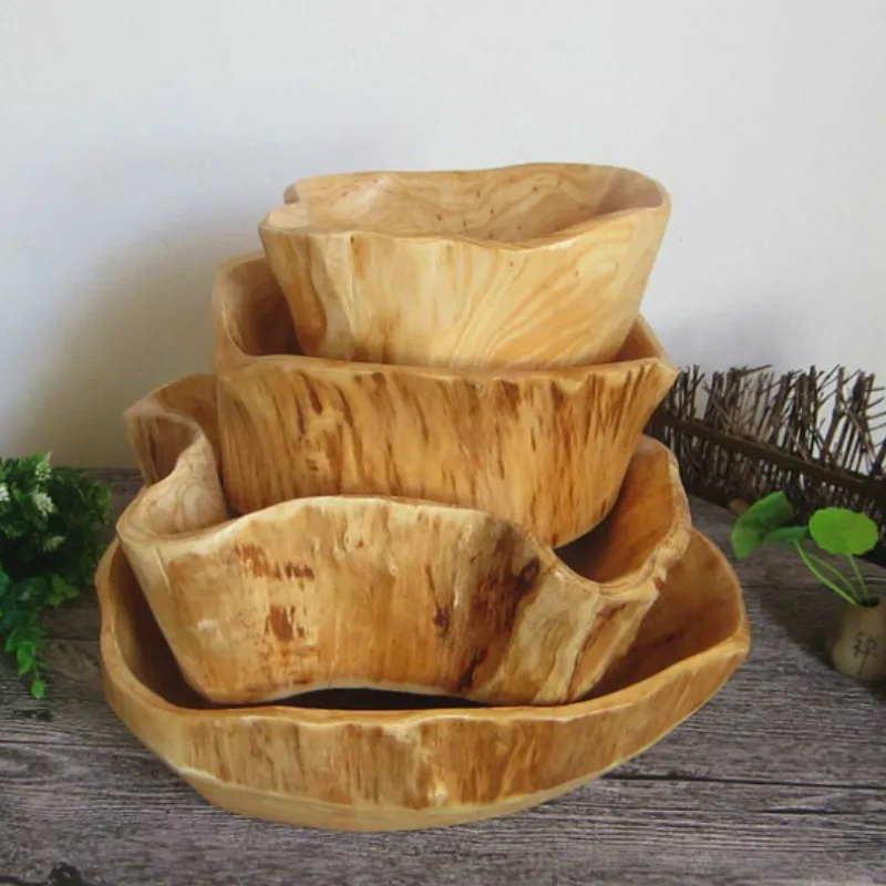 Wooden bowl large dried fruit dish miscellaneous grains candy dish grid wood root carved tray household mixing bowl LB10211