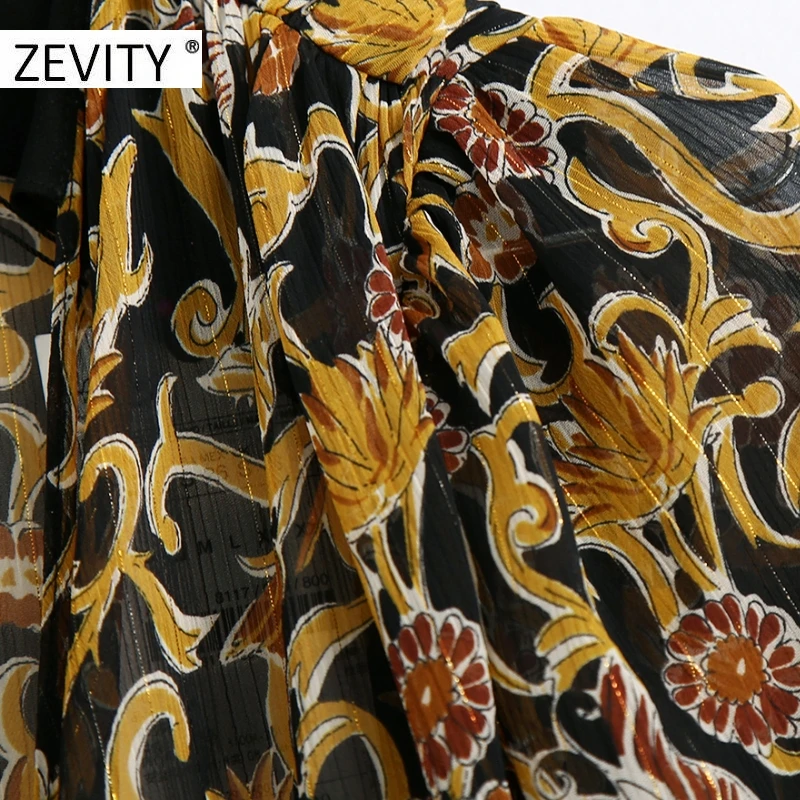 ZEVITY women vintage totem flower print front pleat chiffon midi dress female lantern sleeve casual vestidos chic dresses DS4440