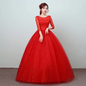 

Vestido De Novia 2020 Classic Red O Neck Three Quarter Sleeve Cheap Wedding Dress Lace Applique Plus Size Lace Up Princess Gown
