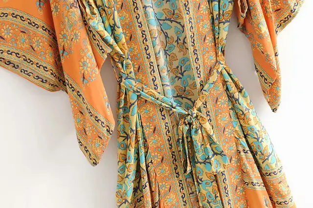 Vintage chic Women  yellow Floral Print Sashes  bohemian Kimono Ladies V Neck batwing Sleeves  Boho Maxi dress robe 3