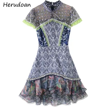 

Herudoan Fashion Runway Summer Mini Dress Women Bow Short Sleeve Sequined Beading Tassel Mesh Jacquard A-Line Dresses Vestidos