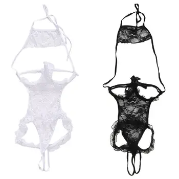 

Women Floral Lace Sexy Halter Lingerie Open Cup Backless G-String Bodysuit Solid 85WB