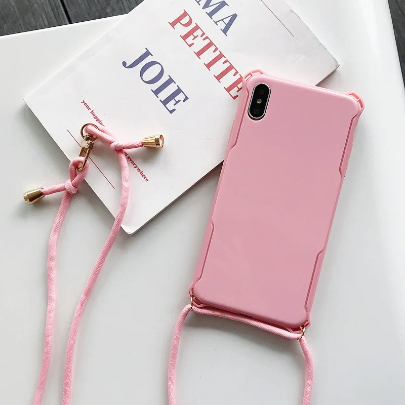 Для iPhone 11 мобильный телефон Веревка ожерелье шнурок плечо Веревка конфеты сплошной цвет чехол для мобильного телефона для iPhone XR 11 Pro Max XS - Цвет: Розовый