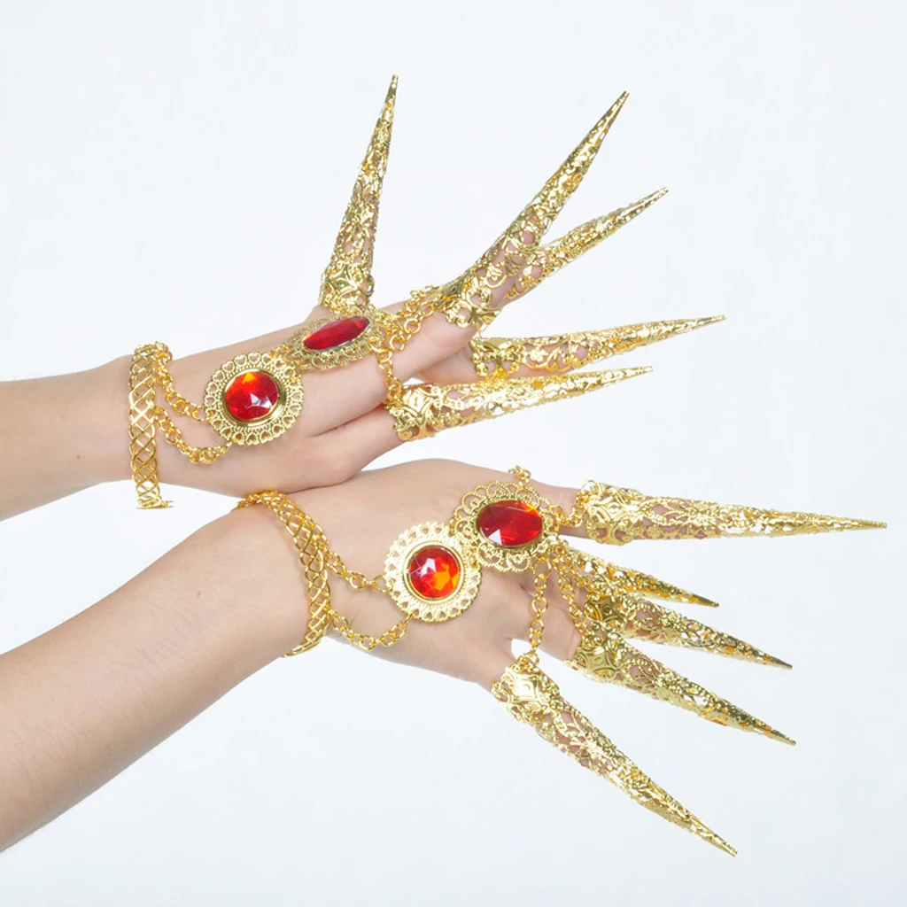2x Girl Belly Dance Gold Bracelet 5 Finger Nails Thai Costume Hand Jewerlly