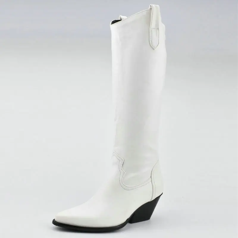 

Women Wedges Knee High Boots Fashion Pointed Toe Autumn Winter Western Boots Slip On Woman High Heel Boots Shoes Black White