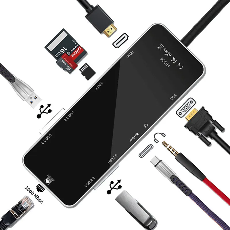 Док станция с USB концентратором разветвитель типа C поддерживает зарядку PD HDMI VGA