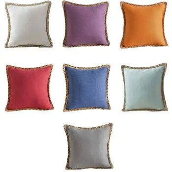 

Farmhouse Throw Pillow Case Burlap Linen Trimmed Tailored Edge Cushion Cover G99A