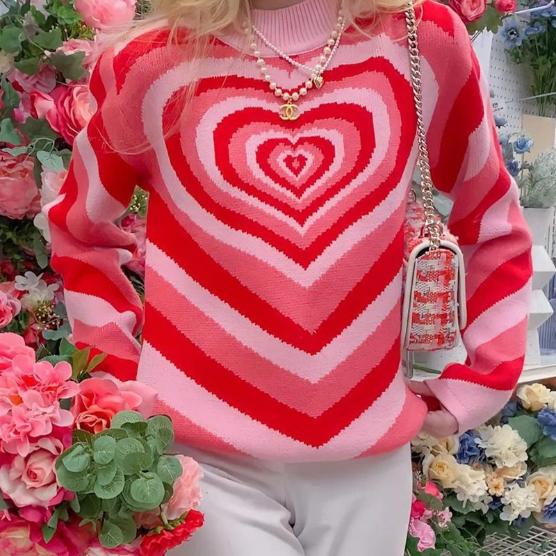 cropped sweater Y2K Aesthetics Heart Striped Turtleneck Pullovers E-girl Sweet Long Sleeve Hot Pink woman sweaters Harajuku 90s Knitwear Autumn cardigan