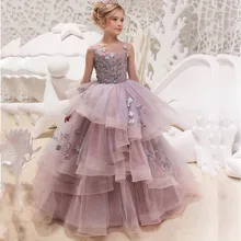 Elegant Ball Gown Dress 2021 Sparkle Appliques O-Neck Floor Length Design Button Sleeveless Hot Sale For Little Girl Princess