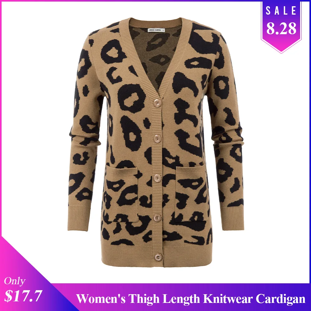 Women's Thigh Length Knitwear Cardigan Long Sleeve V-Neck Button Placket |