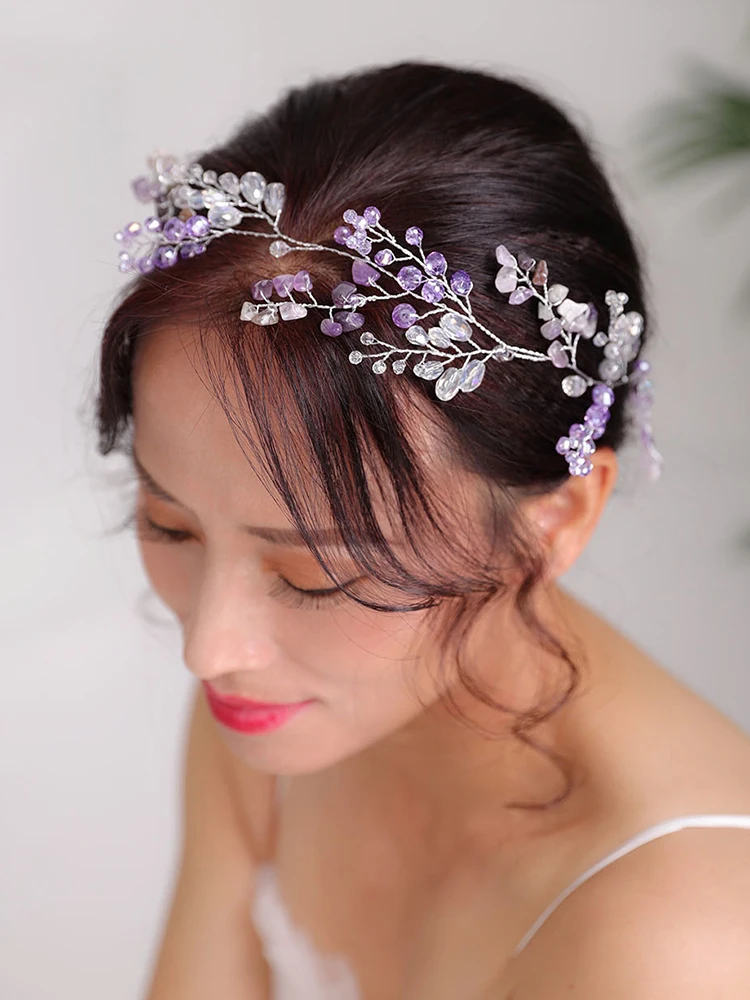 Bohe Bridal Hair Accessories Purple Headpieces Crystal Headband Handmade Women Hair band Wedding Hairstyle Jewelry