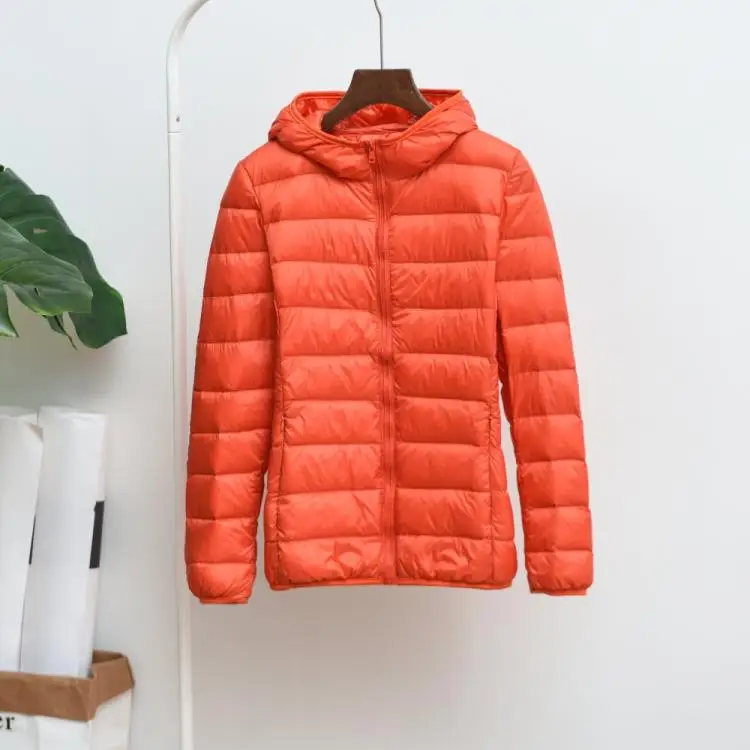 Ультра легкие куртки на утином пуху 90%, Женское зимнее пальто с капюшоном, теплая тонкая куртка с длинными рукавами 8XL, большие размеры, Женская Куртка jaqueta feminina - Цвет: style1 orange