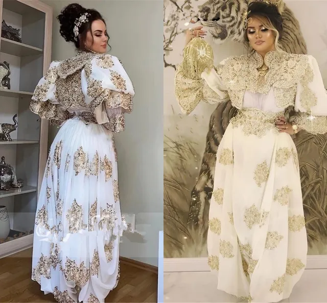 Algeria Caftan Marocain de soirée Bridal Gowns gold lace long sleeve customsized Traditional Kosovo vestidos Evening Dresses 1