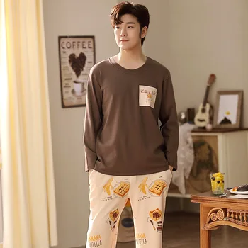 

Spring and Autumn New Men's Pajamas Long Sleeve Pajamas Set Round Neck Pullover Large Size Comfortable Cotton Homewear
