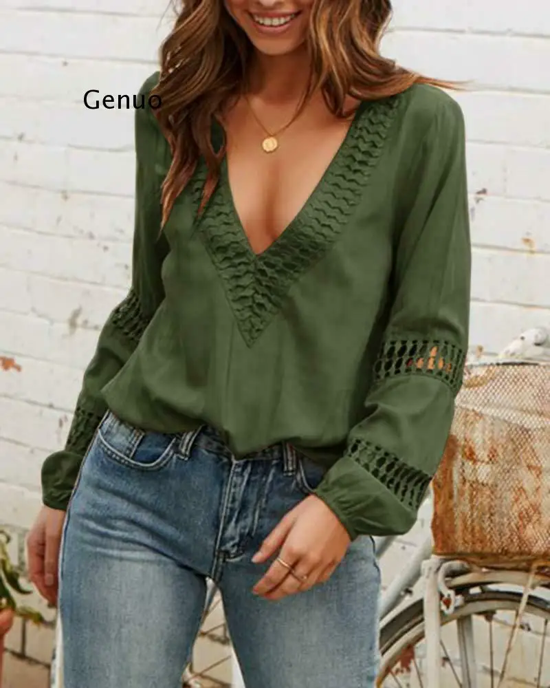 

Sexy Tops Women Long Sleeve Loose T-Shirt Summer Women Casual T-Shirts V-Neck Top Hollow-Out Lantern Sleeve T-Shirt