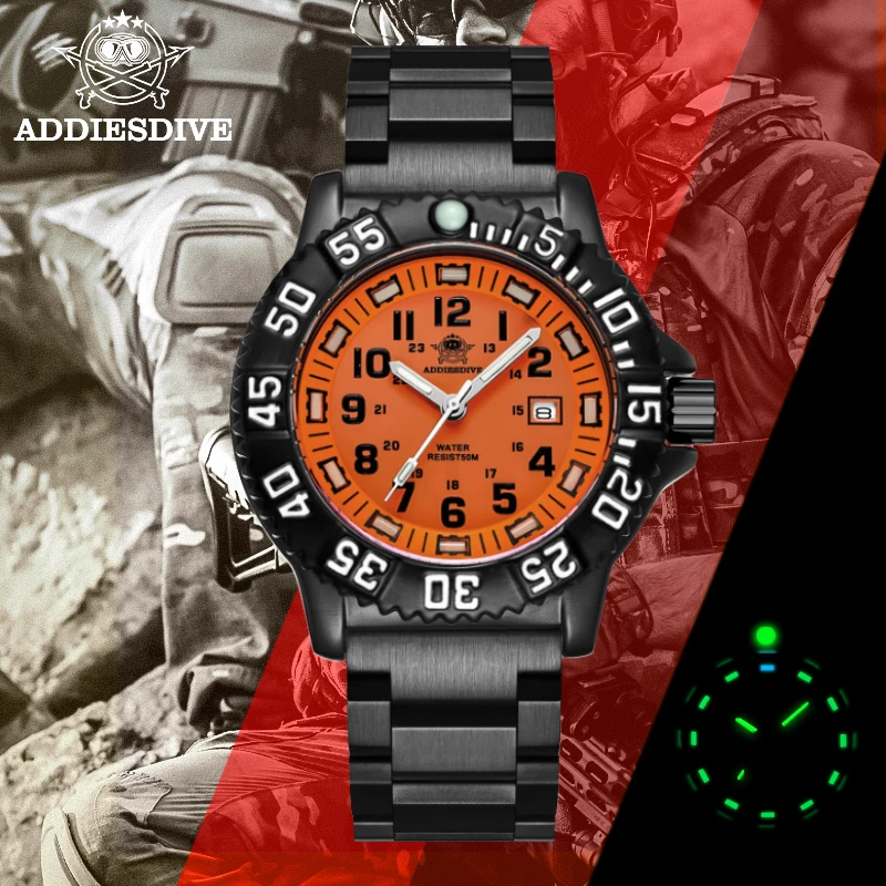 

ADDIES Men Stainless Military Watches Rotating bezel Luminous Quartz WristWatch Waterproof Orange Outdoor Watches Relogios