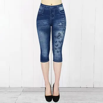 

New Imitation cowboy Print Women Leggings High Waist Slim Elastic Capri Pants Mid-Calf Fitness Legging Calzas Mujer