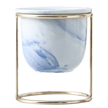 

1PC Iron Rack Ceramic Flowerpot Simple Marbling Flowerpot Delicate Golden Iron Rack Plant Pot Creative Household Flower Pot Deco