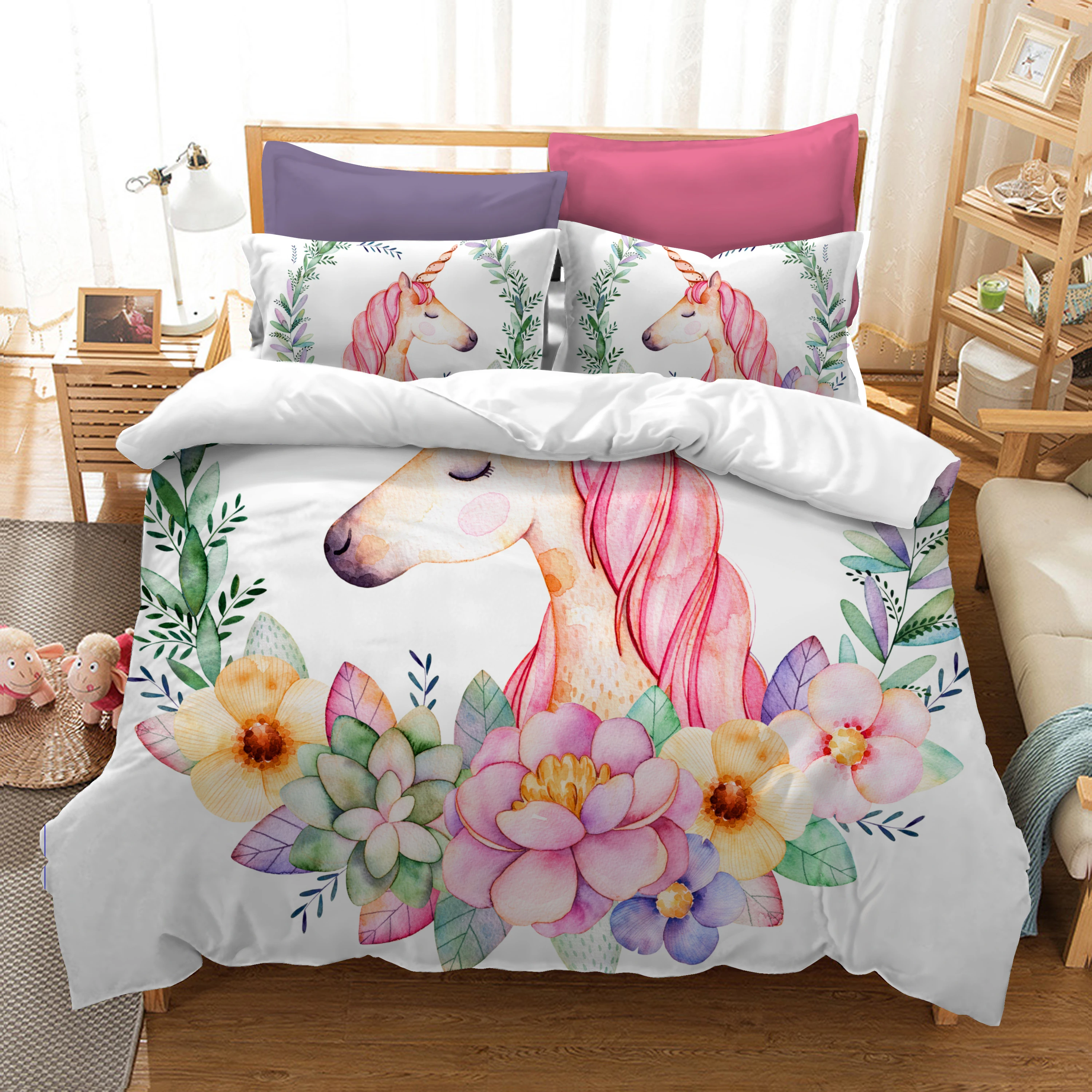 Juego de cama Kawaii de unicornio efecto 3D niños, ropa de de tamaño King, Floral, con rinoceronte, edredón, fundas Textiles para el hogar|Juegos de ropa de cama| - AliExpress