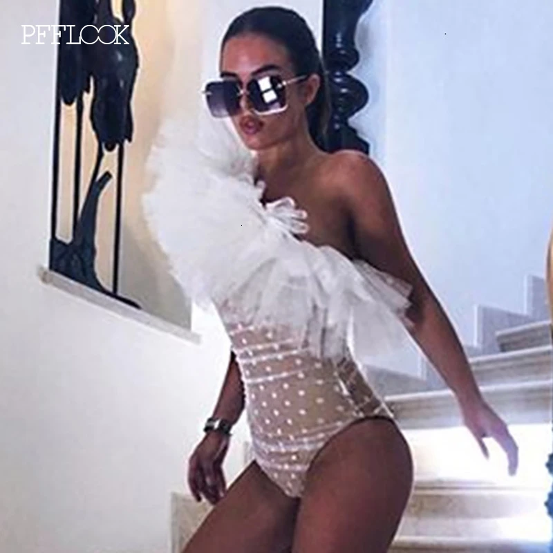 

PFFLOOK Ruffles Sexy Bodysuit Women Bodycon Dot Printed One Shoulder Club Party Bodysuit Elegant Neck Rompers Female Overalls
