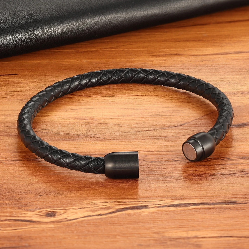 Fashion Simple Style Stainless Steel Men’s Leather Bracelet Multi-color Black Leather Bangle For Boys Handsome Birthday Gift