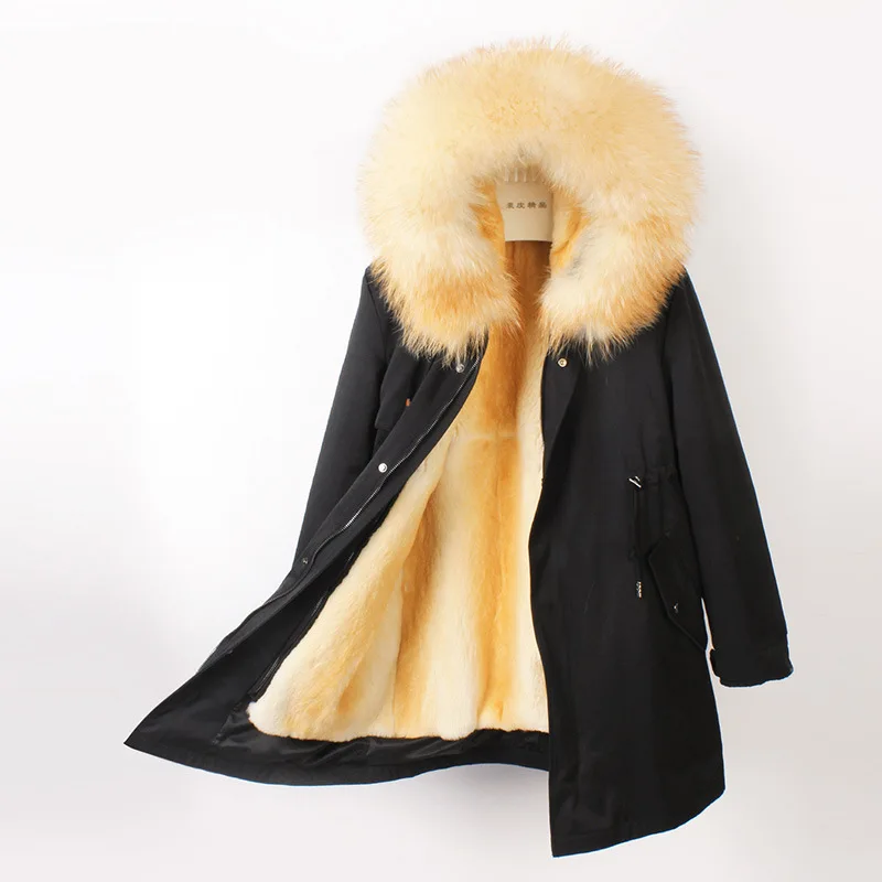 Winter Jacket Women Real Fur Parka Natural Rex Rabbit Fur Liner Coat Thick Warm Raccoon Fur Collar Hood Outwear Plus Size - Color: blackgoldmiddlelong