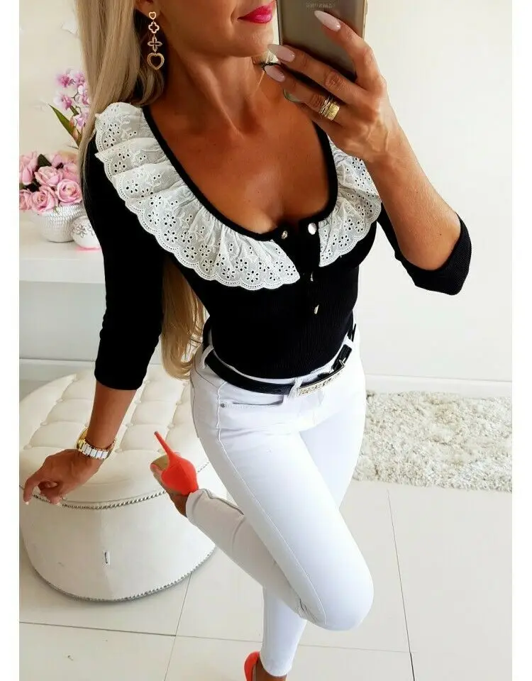

2019 Women Tees Tops Summer Top Casual Long Sleeve Solid Lace O Neck T Shirt Female T-Shirts Blusa Women Tees