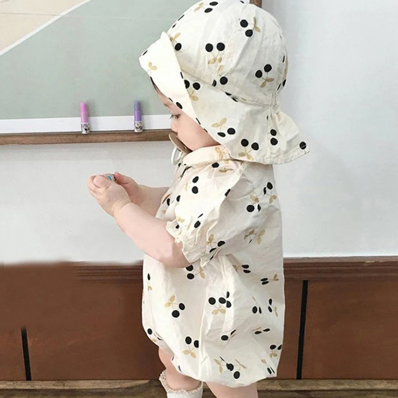 

MILANCEL summer baby clothing cherry baby girls bodysuits with sun hat floral baby one piece