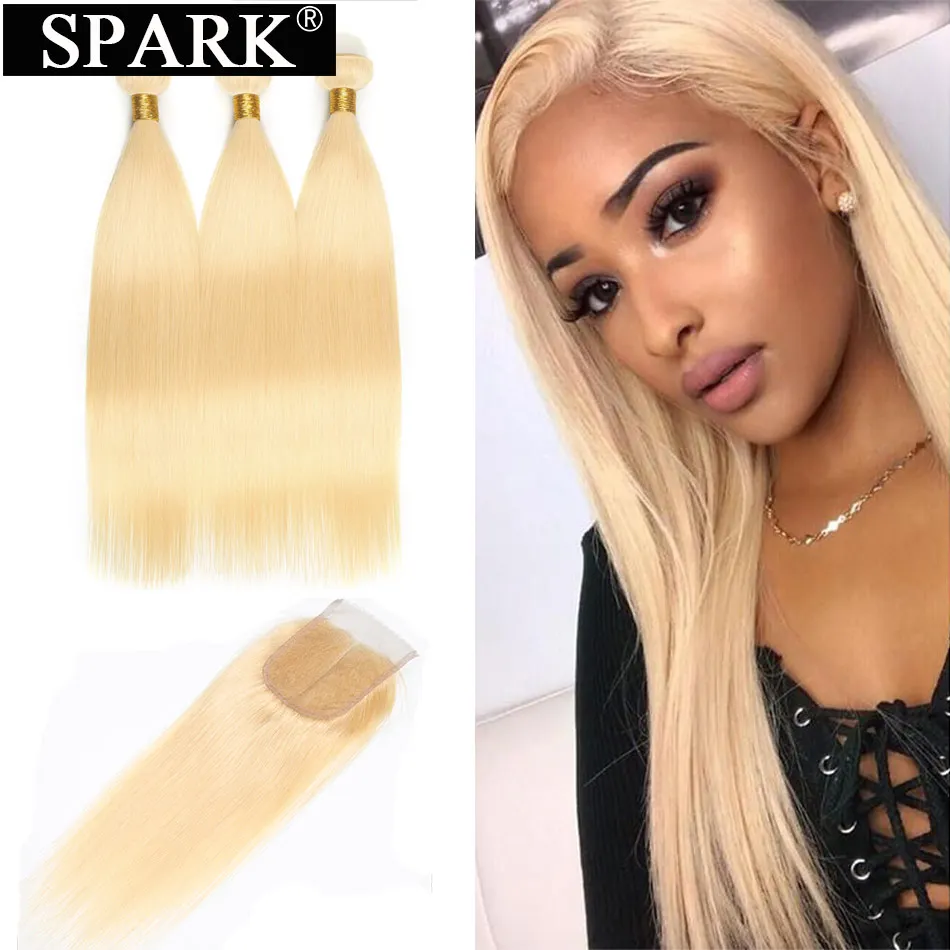 Spark Brazilian Virgin Hair Straight Hair 3/4 Bundles With Lace Closure 613 Blonde Color Hair Human Hair With 4x4 Closure