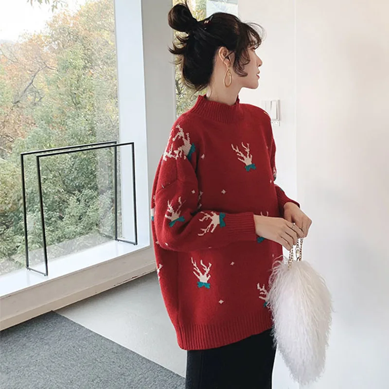 Baratos Suéter grueso de punto de Navidad muñeco de nieve para mujer Otoño Invierno cuello redondo de manga larga Jersey femenino suelto renos señoras jerseys
