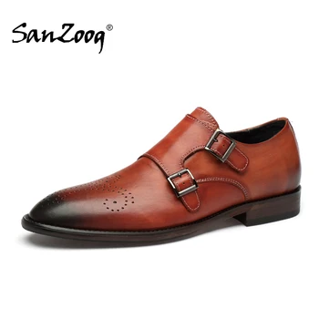 

Brown Double Monk Strap Shoes Men Brogues Genuine Leather Pointed Toe Formal Dress Shoes Brogue Scarpe Uomo Eleganti Gents