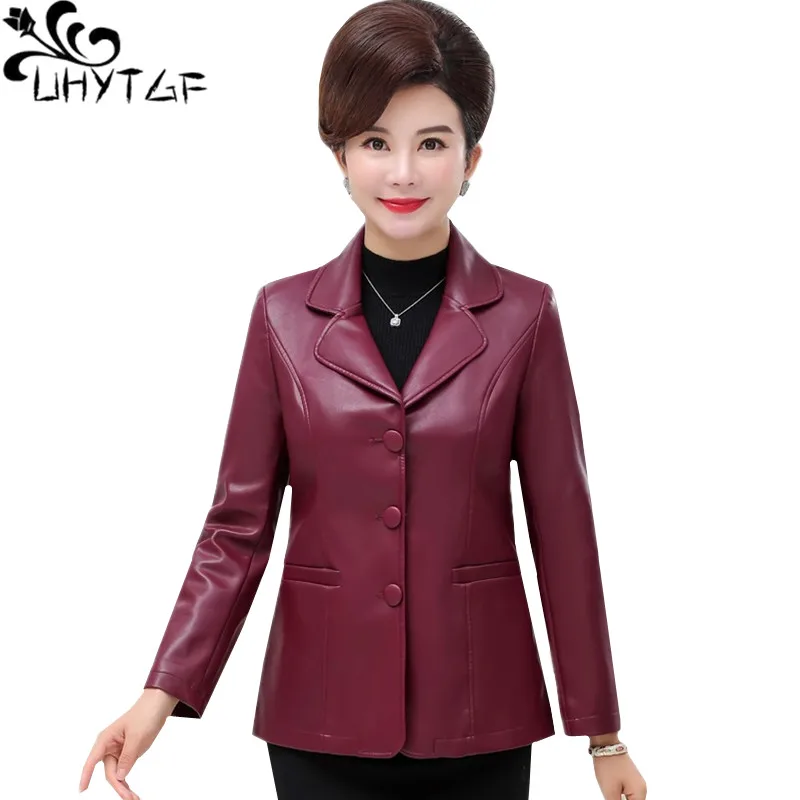 

UHYTGF Autumn winter leather jacket women Mid-length female short 6XL plus size coat quality leather jacket veste cuir femme 322