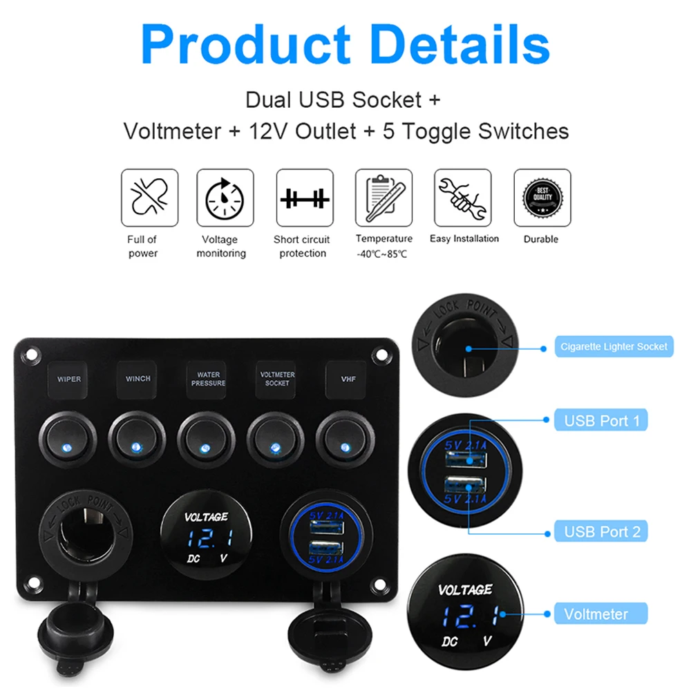 5 Gang Car Marine Boat LED Rocker Switch Panel Circuit Digital Voltmeter Dual USB Port Outlet Ship Yacht Combination | Автомобили и