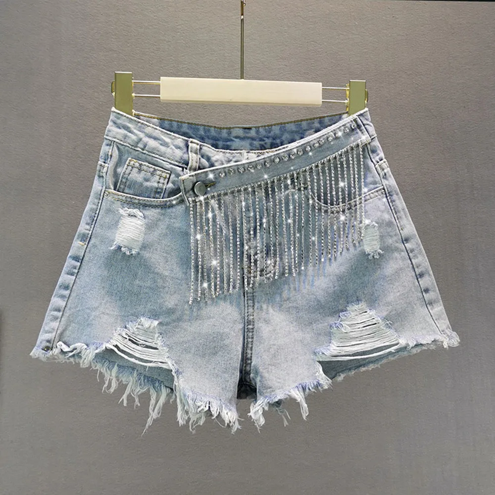 Denim Patchwork Diamond Tassel Shorts For Women High Waist Casual Hole Female Fashion New Clothing 2021 Tide |